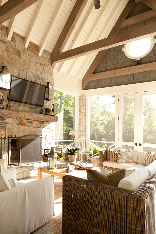 Screened in porch with vaulted ceiling. Screen porch trim and ceiling paint color is Benjamin Moore OC-17 White Dove. #screenedinporch #paintcolor #ceiling #benjaminmooreoc17whitedove T.S. Adams Studio. Interiors by Mary McWilliams from Mary Mac & Co.