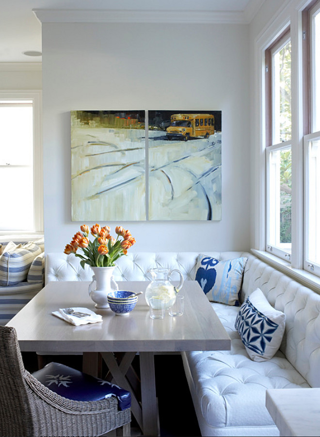 Tufted Banquette. Breakfast nook with tufted banquette. Breakfast nook with white tufted banquette. #Breakfastnook #tuftedbanquette #banquette Massucco Warner Miller Interior Design