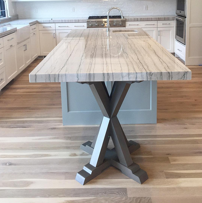 White Macaubus Quartzite. Kitchen island with trestle base and White Macaubus Quartzite Countertop. #WhiteMacaubus #Quartzite #Countertop #WhiteMacaubusQuartziteCountertop #White #Macaubus #Quartzite #Countertop Caitlin Creer Interiors