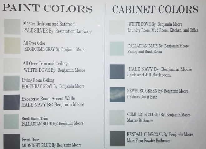 Whole House Paint Color Ideas. Color scheme for every room in a house. Master Bedroom and Bathroom: Pale Silver by Benjamin Moore. Main Rooms: Edgecomb Gray by Benjamin Moore. All Trims and Ceiling: White Dove by Benjamin Moore. Living room Ceiling: Boothbay Gray by Benjamin Moore. Exercise Room: Hale Navy by Benjamin Moore. Bunk Room Trim: Palladian Blue by Benjamin Moore. Front Door: Midnight Blue by Benjamin Moore. Whole House Cabinet Paint Color: Laundry room, Mudroom, Kitchen and Office Cabinets: White Dove by Benjamin Moore. Pantry and Bunk Room Walls: Palladian Blue by Benjamin Moore. Kids Bathroom Cabinet: Hale Navy by Benjamin Moore. Guest Bathroom Cabinet Paint Color: Newburg Green by Benjamin Moore. Master Bathroom Cabinet: Cumulous Cloud by Benjamin Moore. Main Floor Powder room cabinet: Kendall Charcoal by Benjamin Moore. #wholehousepaintcolors #wholehousepaintcolor Via Favorite Paint Colors