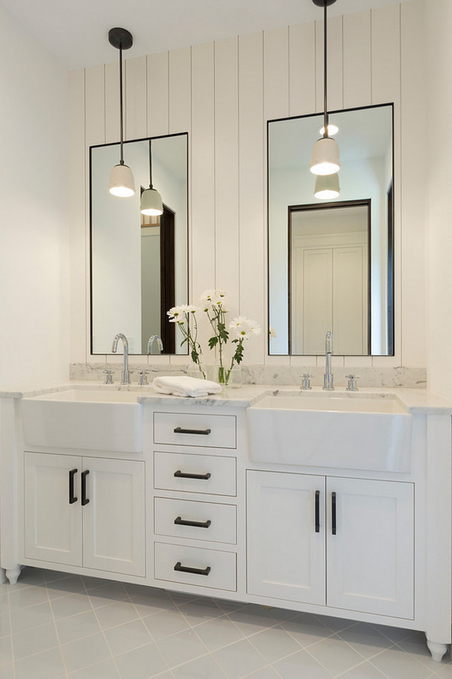 Bathroom shiplap wall behind mirrors. Bathroom with shiplap wall behind mirrors. Bathroom shiplap wall behind mirror ideas #Bathroomshiplap #shiplapwallbehindmirror #shiplapwall Studio M Interiors. Stonewood, LLC