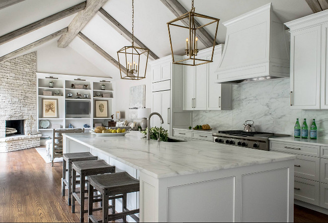 vaulted ceiling kitchen beams remodeled interior open designs island living gold above transitional marble wood gray rustic calacatta backsplash countertops