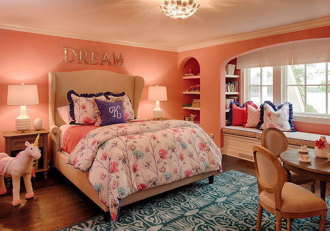 Benjamin Moore Minstrel Heart 1297. Pink and turquoise, teal girls bedroom. Paint color is Benjamin Moore Minstrel Heart 1297. Benjamin Moore Minstrel Heart 1297 #BenjaminMooreMinstrelHeart #BenjaminMoore1297 Studio M Interiors