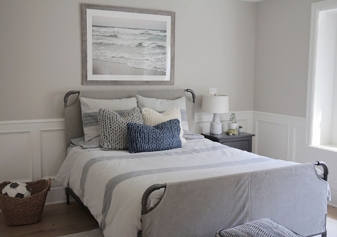 Boys bedroom painted in a soft greige paint color, Benjamin Moore HC-172 Revere Pewter. #Boysbedroom #bedroom #softgreige #greige #paintcolor #BenjaminMooreHC172ReverePewter Beautiful Homes of IG jshomedesign