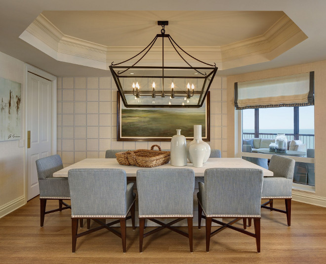 Dining Room Linear Lantern Lighting. Dining room features black iron linear frame Lantern lighting with seeded glass. Linear lighting. #Diningroom #blackiron #linear #Lantern #Lighting W Design Interiors