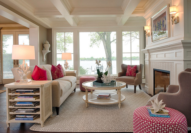 Family room with coffered ceiling and floor to ceiling windows. Beautiful Family room with coffered ceiling and floor to ceiling windows. #Familyroom #cofferedceiling #floortoceilingwindows #windows Studio M Interiors