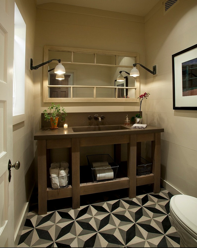 Farmhouse bathroom with shiplap walls, vintage industrial lighting and geometric cement floor tile. Farmhouse bathroom with shiplap walls, vintage industrial lighting and geometric cement floor tile. #Farmhouse #bathroom #shiplapwalls #shiplap #Farmhousebathroom #vintagelighting #industriallighting #geometrictile #cementfloortile Candelaria Design Associates