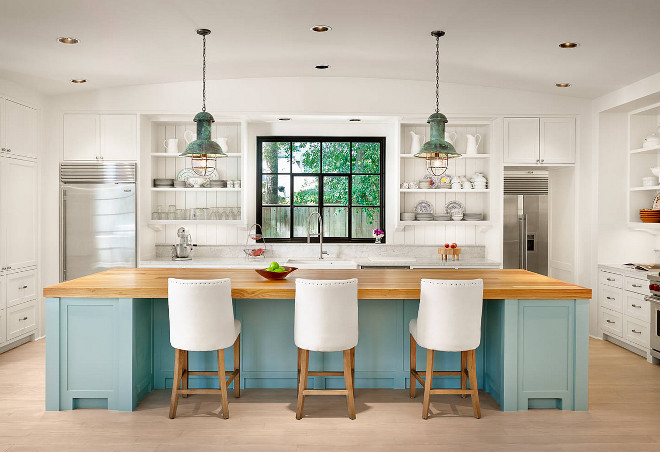 Farmhouse kitchen with turquoise blue island. Farmhouse kitchen with turquoise blue island topped with butchers block countertop. Farmhouse kitchen with turquoise blue island. #Farmhousekitchen #Farmhousekitchen #Farmhouse #kitchen turquoisekitchenisland #blueisland