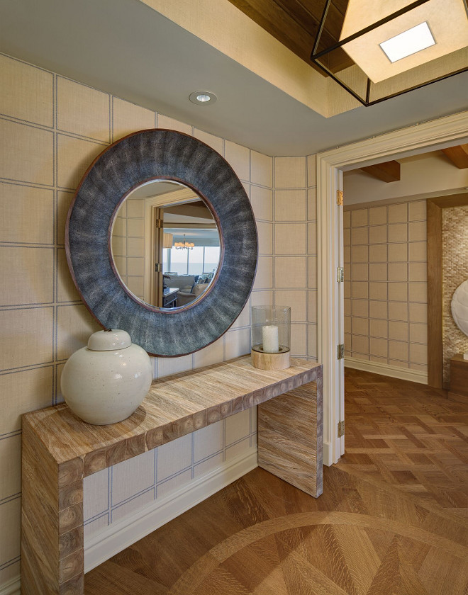 Foyer Flooring. Foyer floor is the original, existing oak floor in a basket weave pattern. burlap wallcovering in a Bowden Square pattern from Crezana. #Foyer #Flooring #Bularp #wallcovering