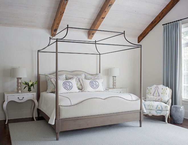 Graywash wood bed. Gorgeous master bedroom with Graywash wood bed and whitewashed wood ceiling. Graywashwood #bed #whitewashed #woodceiling