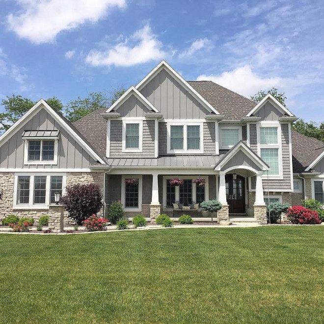 Grey exterior home with grey vinyl shingles and grey board and batten by James Hardie. Grey exterior home with grey vinyl shingles and grey board and batten by James Hardie. #Greyexterior #homeexterior #greyshingle #vinylshingle #boardandbatten #vinylshingles #boardandbatten Beautiful Homes of Instagram carolineondesign