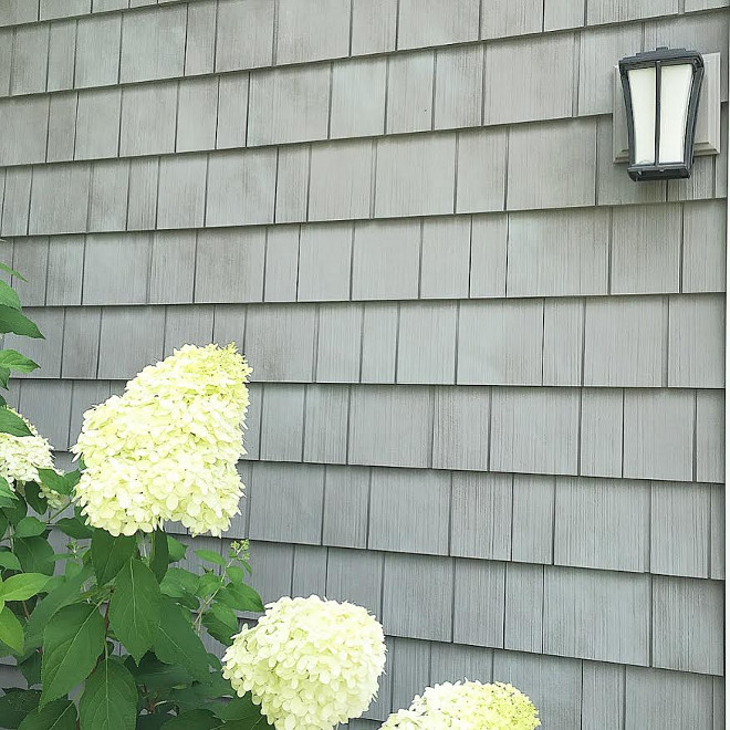 Grey shingle exterior paint color. Grey Shake Vinyl Siding Mastic Cedar Discovery Perfection Shingle 7” color is Cape Grey. Beautiful Homes of Instagram carolineondesign