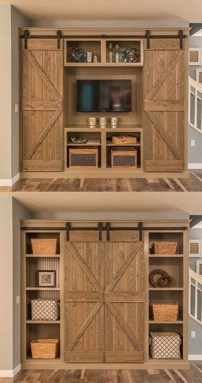 Hidden TV with Sliding Barn doors. Sliding Barn doors to hide the TV or the storage around the TV. Sliding Barn doors. TV Behind Barn Doors #SlidingBarndoors #Barndoors #HideTV #HidenTV #TVBehindBarnDoors 