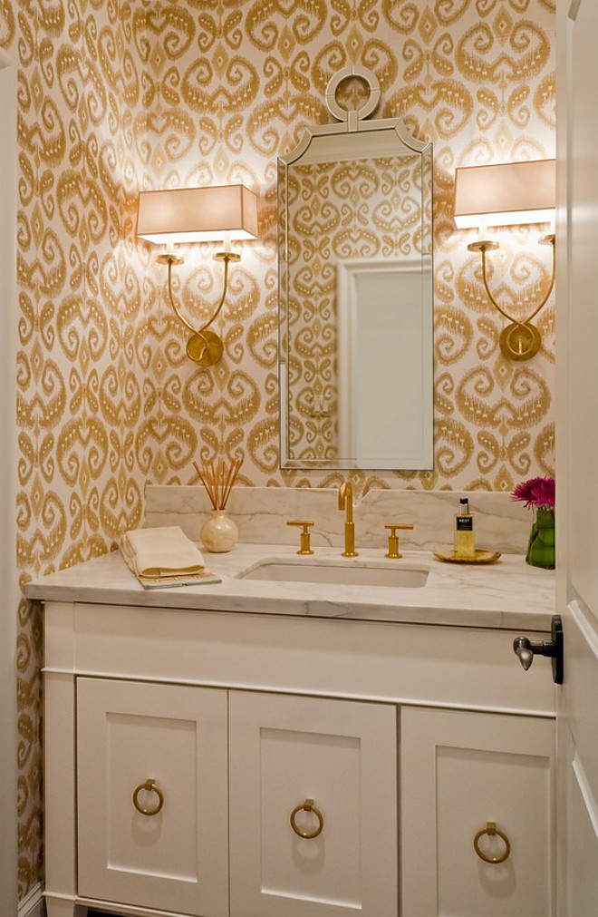 Ikat Powder room wallpaper. Ikat Phillip Jeffries Wallpaper. Phillip Jeffries makes this Ikat grasscloth wall covering. #Powderroom #ikat #IkatWallpaper #PhillipJeffries BRADSHAW DESIGNS LLC