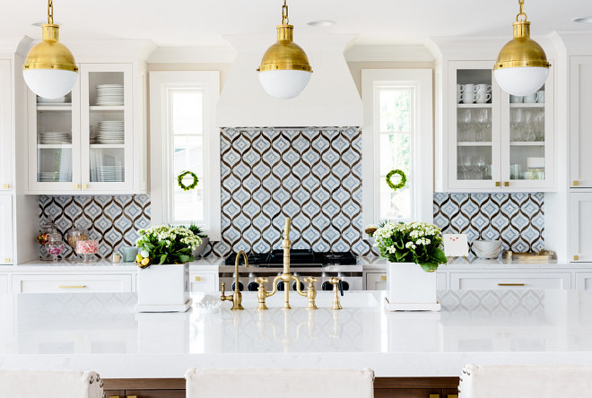 Kitchen Backsplash. White kitchen with blue backsplash tile. White kitchen with blue mosaic backsplash tile. White kitchen blue tile. #Whitekitchen #kitchen #bluebacksplash #blue #mosaic #backsplash #tile