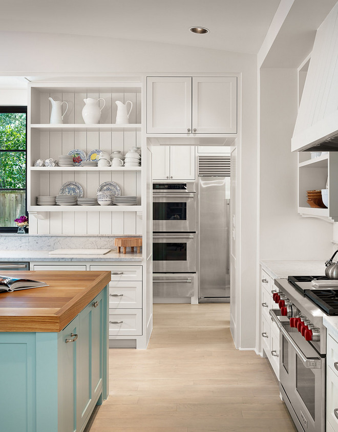 Kitchen with shiplap behind open shelves. Farmhouse Kitchen with shiplap behind open shelves. #Farmhouse #Kitchen #shiplapbehindopenshelves