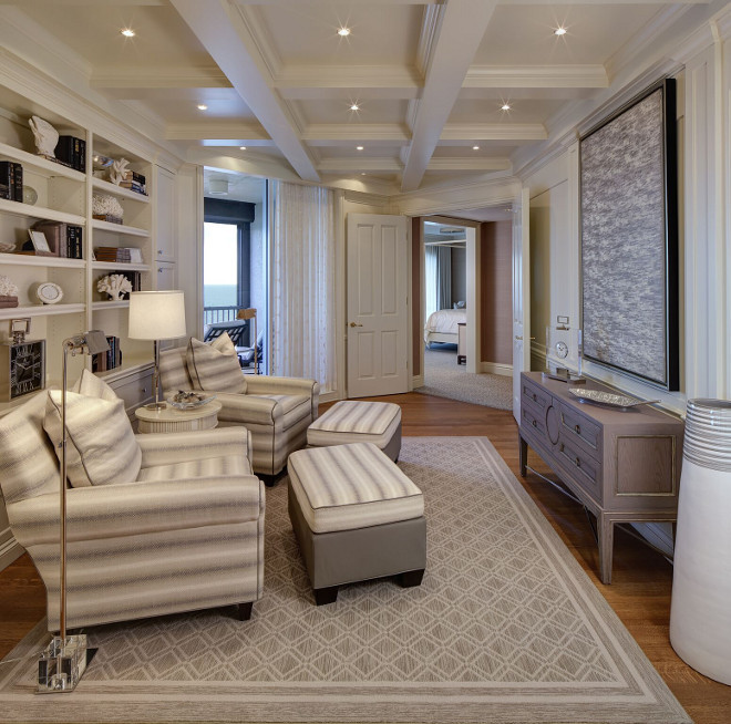 Library Bookshelves. Elegant library with coffered ceiling, paneled walls and built in bookshelves behind two custom hickory chair wide square arm chairs. #Library #Den #bookshelves #cofferedceiling #paneledwalls W Design Interiors