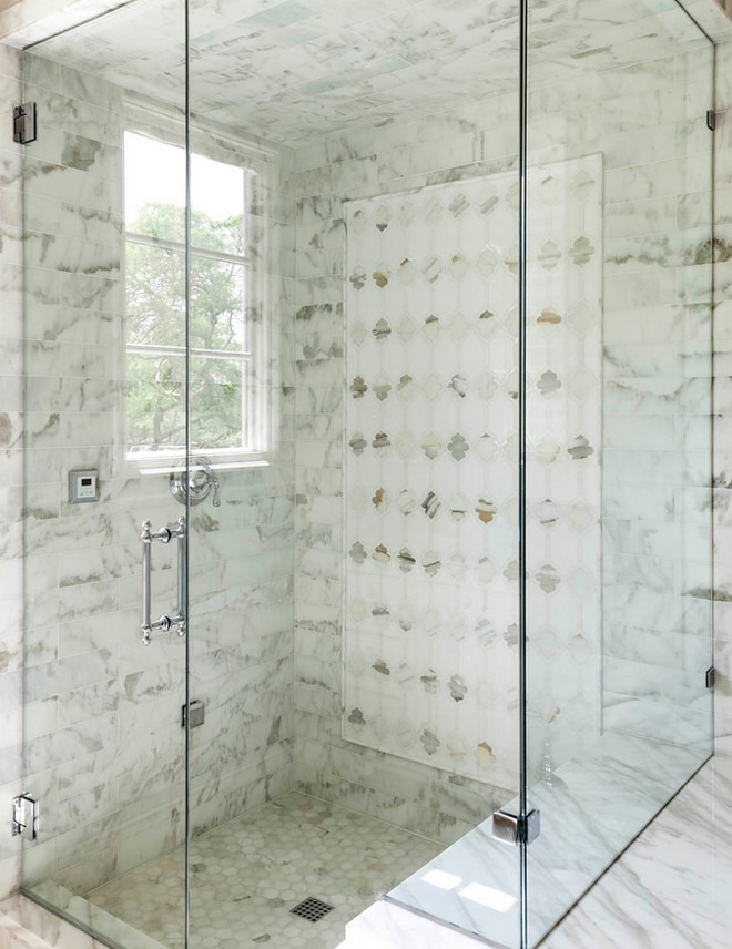 Marble shower tiles. Floor, ceiling and walls feature marble tiles in this shower. Marble shower tiles. Floor, ceiling and walls feature marble tiles in this shower. #Marbleshowertiles #Floortile #ceilingtile #walltile #bathroomtile #bathroom #marbletiles #shower Robert Elliott Custom Homes