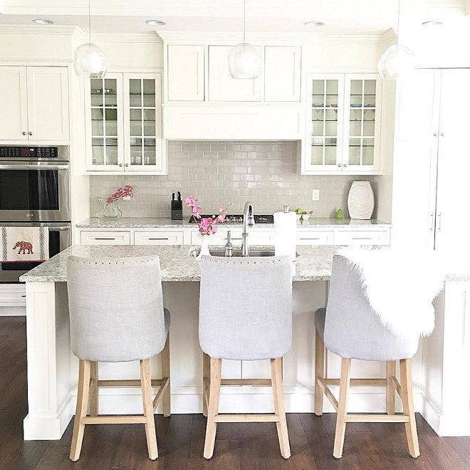 Neutral kitchen paint color. The neutral kitchen paint color is Benjamin Moore OC-17 White Dove and Neutral backsplash is Casabella Tile H-Line Collection, color Pumice. #neutralkitchen #neutral #kitchen #backsplash #paintcolor #BenjaminMooreOC17Whitedove