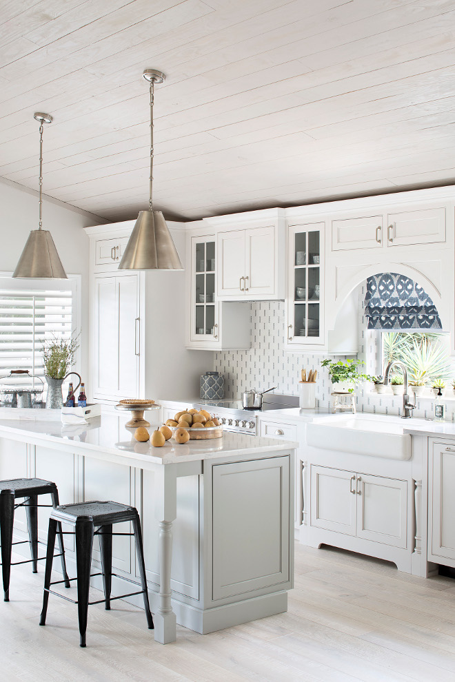 Pale Grey Island. Kitchen with white perimeter cabinets, pale grey island and whitewashed wood ceiling. Pale Grey Island. Kitchen with white perimeter cabinets, pale grey island and whitewashed wood ceiling #PaleGreyIsland #Kitchen #greykitchenisland #palegrey #whitewashed #woodceiling Lisa Michael Interiors