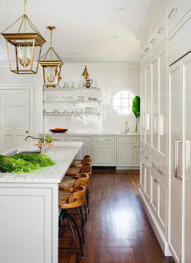 Pale Grey Kitchen. Pale Grey Kitchen with brass lighting, open floating shelves, white herringbone backsplash tile. Pale Grey Kitchen. #PaleGreyKitchen