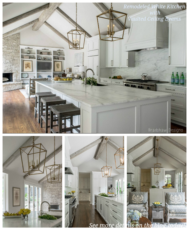 Remodeled White Kitchen with Vaulted Ceiling Beams