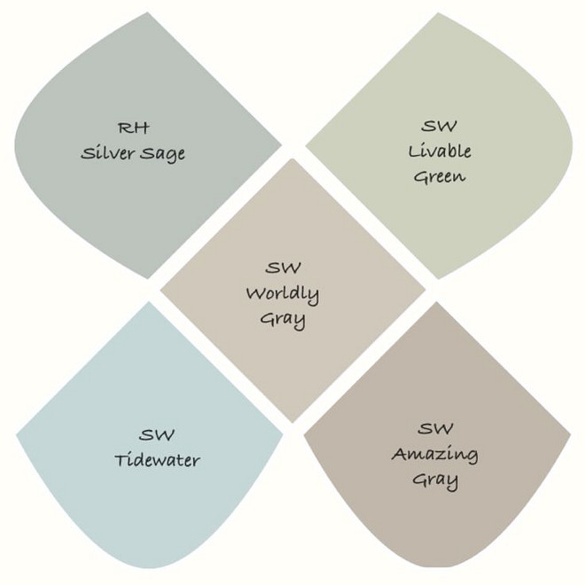Sherwin Williams Whole House Color Palette Ideas. Neutral Sherwin Williams Paint colors to be used in every room of the house. Restoration Hardware Sage. Sherwin Williams Wordly Gray. Sherwin Williams Livable Green. Sherwin Williams Tidewater. Sherwin Williams Amazing Gray #SherwinWilliams #WholeHouse #ColorPalette