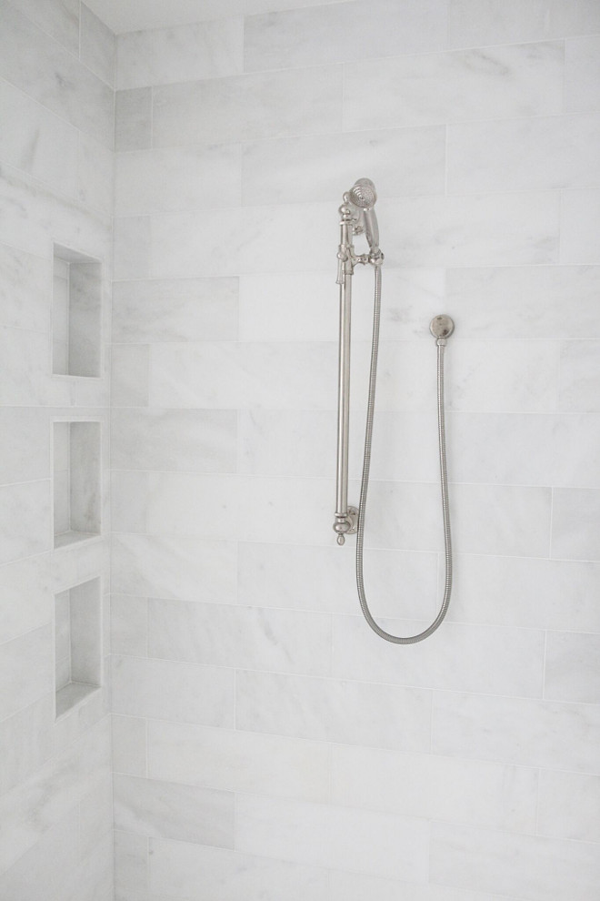 Shower Tile. Shower tile ideas. Shower walls feature 16x18 Statuario marble tiles. floor border and shower walls. #Showertile #shower #tile #Showerwalls #16x18 #Statuariomarble #marbletiles #Statuario #floorborder #showerwalls jshomedesign