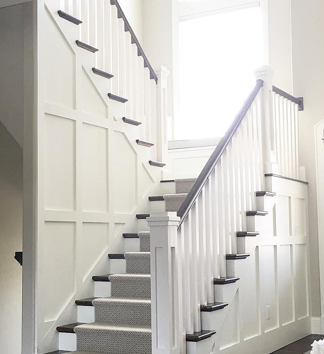 Stairwell Wainscotting. Stairwell Wainscotting, dark hardwood floors and stairway runner. Stairwell Wainscotting #Stairwell #Wainscotting #darkhardwoodfloors #stairwayrunner #StairwellWainscotting