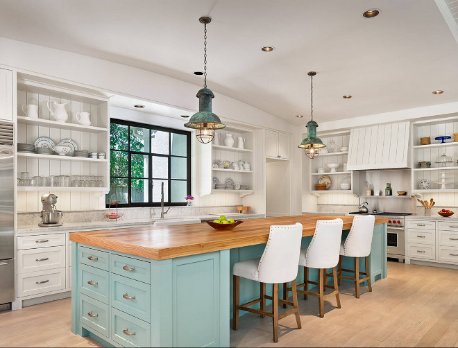 Turquoise blue island. Turquoise blue island paint color. Farmhouse kitchen with antique turquoise lighting and turquoise blue island. Turquoise blue island #Turquoiseblueisland