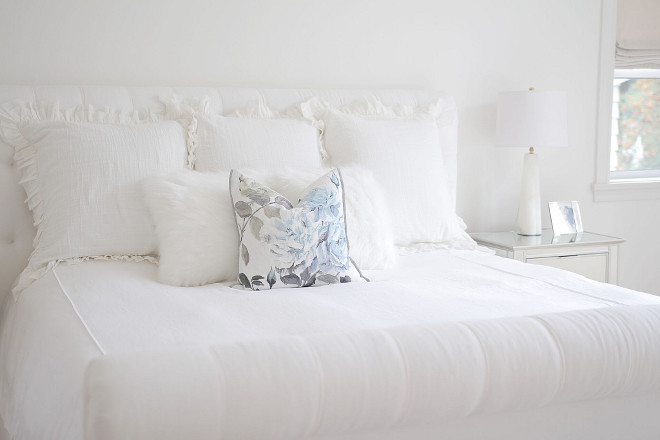 White Bedding. White Bedding. White Bedding. Bedroom with white bedding. Bedding- Duvet cover- Pottery Barn. Shams andtoss pillows Anthropologie #WhiteBedding #Bedding jshomedesign