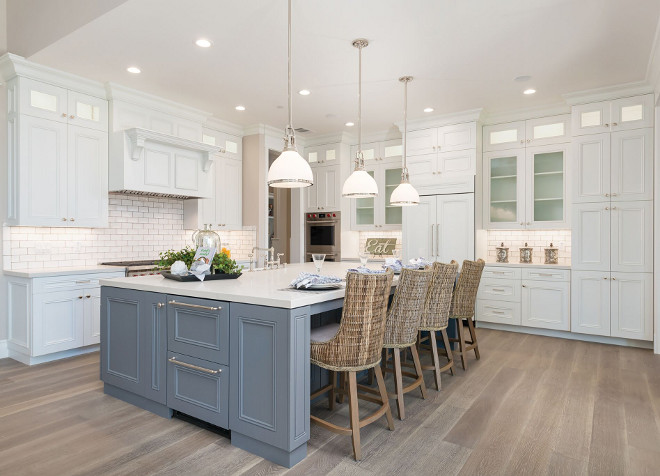 White kitchen with grey island and white oak hardwood floor with whitewash. White kitchen with grey island and white oak hardwood floor with whitewash #Whitekitchen #greyisland #whiteoak #hardwoodfloor #whitewashhardwood #whitewashfloor