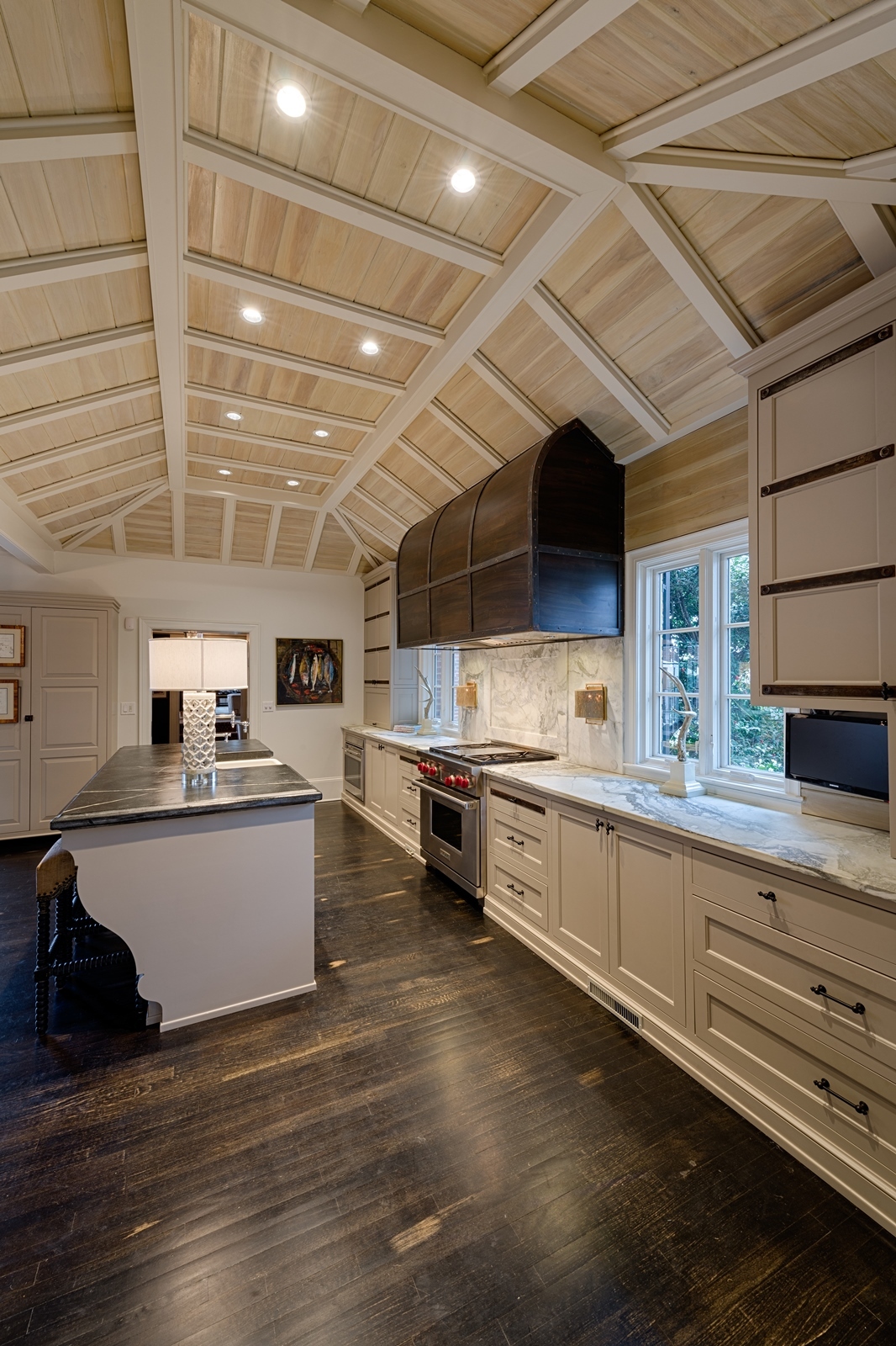 Kitchen Tray Ceiling. Tray ceiling with tongue and groove. Dramatic kitchen ceiling design. The #trayceiling includes a combination of stained #tongueandgroove and painted #beams. Fantastic #kitchen #ceiling #trayceiling Built by Andrew Roby General Contractor.