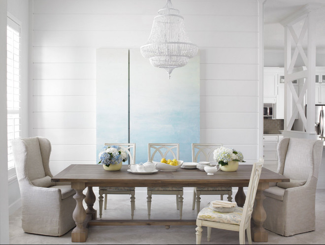 All white dining room. All white dining room with white chandelier. White chandelier is Feiss 6 Light Single Tier Chandelier, White Semi Gloss . #White #diningroom #whitechandelier #chandelier Celtic Home Gallery