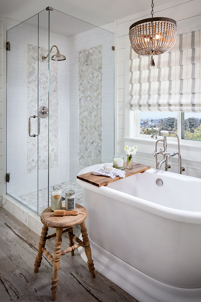 Bathroom. Bathroom. White bathroom with shiplap walls, reclaimed wide plank hardwood floors. #bathroom #shiplap #shiplapbathroom #wideplank #hardwood bathroom Tracy Lynn Studio