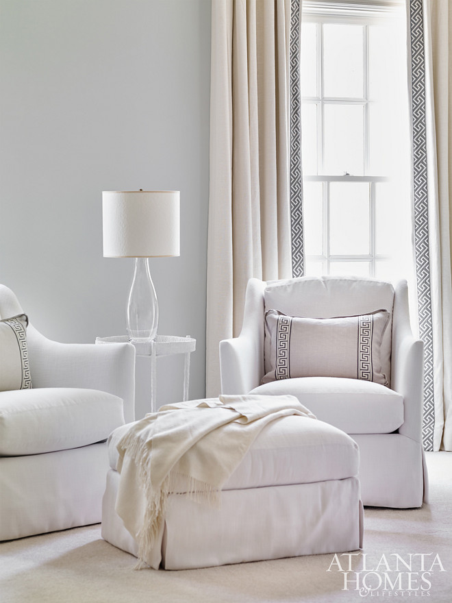 Bedroom Sitting Area. Grey Bedroom with white chairs in sitting area. Bedroom sitting area. #Bedroom #sittingarea #Bedroomsittingarea Beth Webb Via Atlanta Homes magazine.