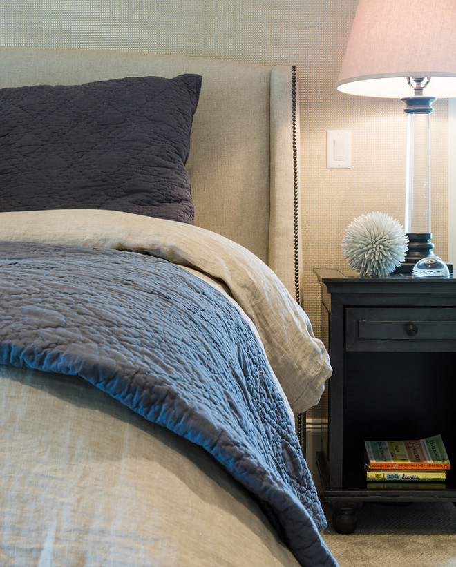 Bedroom textures. Combination of textures in this bedroom. Casual but elegant master bedroom layered with washed linen bedding from Restoration Hardware, upholstered bed by Bernhardt Furniture and zinc nightstand by Restoration Hardware as well. bedroom-textures-combination-of-textures-in-this-bedroom #bedroom Restyle Design, LLC.