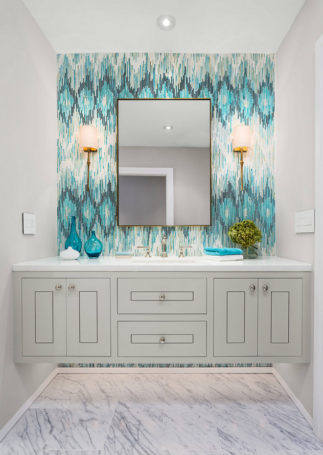 Benjamin Moore Shoreline. Floating vanity painted in Benjamin Moore Shoreline. Benjamin Moore Shoreline. Benjamin Moore Shoreline #BenjaminMooreShoreline Robert Frank Interiors. Clark Dugger Photography