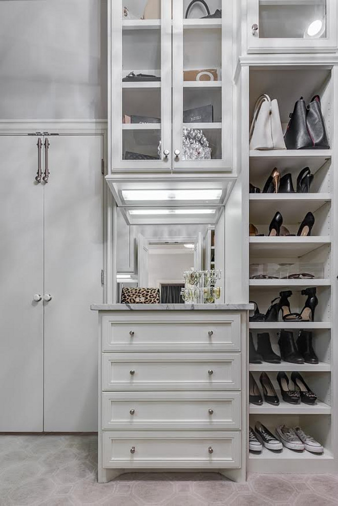  Benjamin Moore's Linen White. The closet is completely custom, and is painted in Benjamin Moore's Linen White. Notice the octagon carpet floor. Benjamin Moore's Linen White # BenjaminMooresLinenWhite closet-cabinet Ivy House Interiors