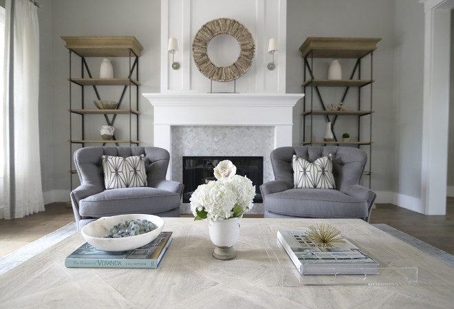 Living room chairs. Grey living room chairs. Chairs are Pottery Barn Cardiff Chairs in Textured Basketweave Metal Gray. Pillow fabric is Kelly Wearstler Katana. #livingroom #chairs #greychairs Eye for the Pretty