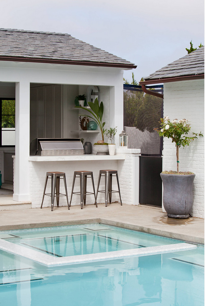 Concrete Pool Patio and Brick Exterior Pool Pavilion and Outdoor Kitchen. Molly Wood Garden Design