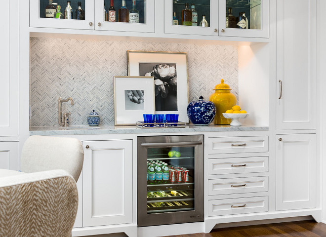 Dining room wet bar. Dining room wet bar cabinet. Dining room wet bar with herringbone backplash tile. #Diningroom #wetbar Robert Frank Interiors. Clark Dugger Photography