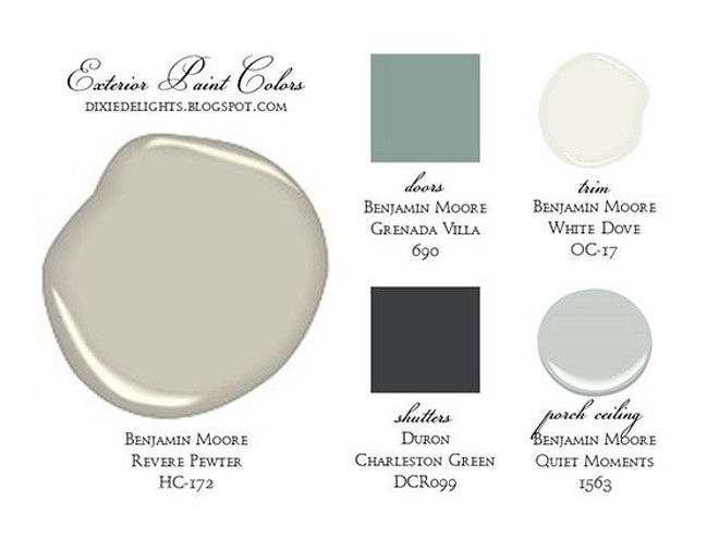 Exterior Paint Color Scheme. Siding paint color Benjamin Moore Revere Pewter HC 172. Door Paint Color Benjamin Moore Grenada Villa 690. Trim Paint Color Benjamin Moore White Dove OC 17. Shutters Paint Color Duron Charleston Green DCR099. Porch Ceiling Paint Color Benjamin Moore Quiet Moments. Via Dixie Delights