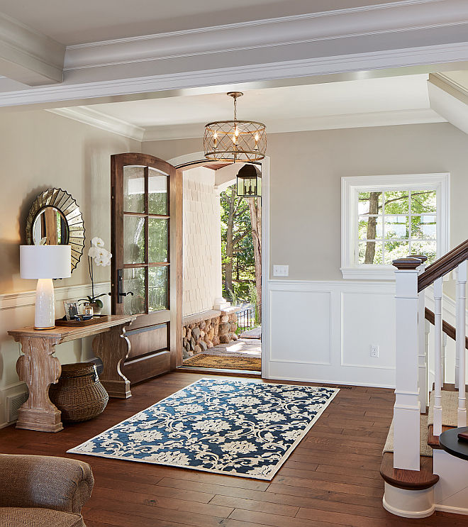 Foyer hardwood flooring. Wood is white Oak, riffed and quartered with custom stain. foyer-hardwood-flooring #Foyer #Hardwood #flooring #Wood #whiteOak #riffed #quartered #customstain Vivid Interior Design. Hendel Homes