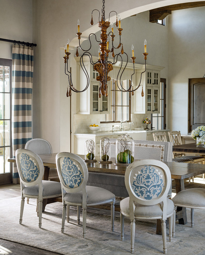French Dining Room. French dining room chairs. This beautiful blue applique fabric is called Florentine Blue from Cowtan and Tout. #FrenchDiningRoom #frenchDiningchairs #French #diningroom #Frenchinteriors DuChateau Floors Kim Scodro Interiors