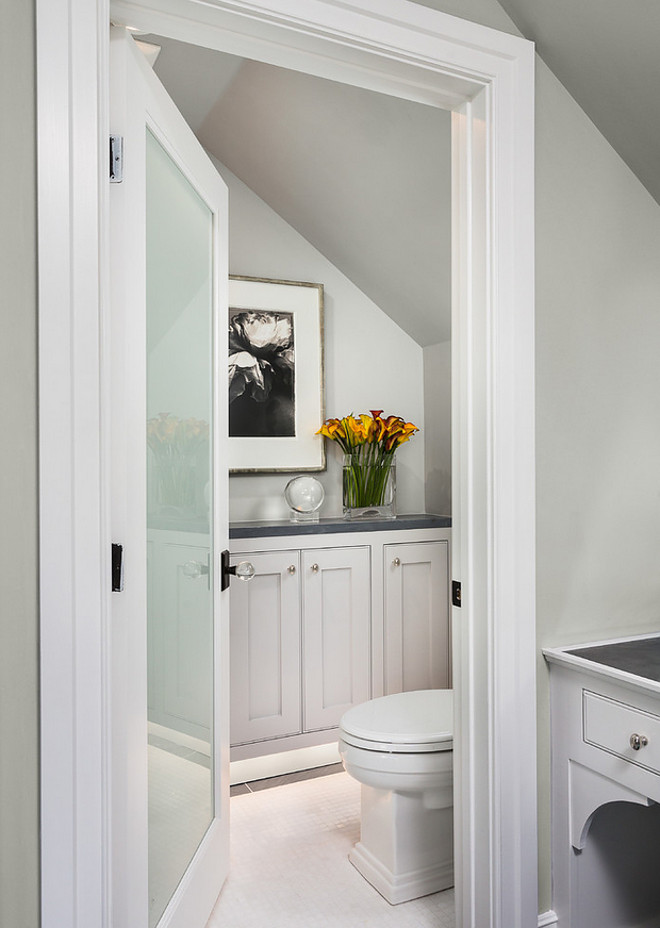 Gray bathroom paint color. Soft gray bathroom paint color. The paint used in this bathroom was Benjamin Moore Silver Chain 1472. Robert Frank Interiors. Clark Dugger Photography