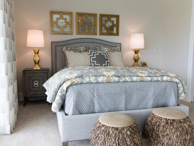 Grey and gold bedroom. This grey and gold bedroom carries true modern appeal, with updated fabrics and linens and geometric angles #grey #gold #bedroom