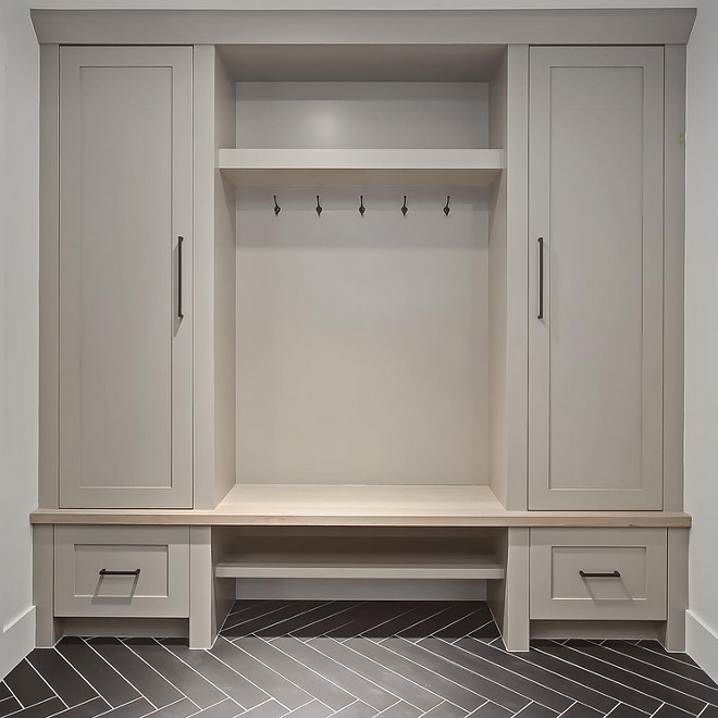 Grey Mudroom Cabinet. Grey Mudroom Cabinet and herringbone tile. Grey Mudroom Cabinet #Grey #Mudroom #Cabinet grey-mudroom-cabinet-with-gray-herringbone-floor-tile-verandainterior