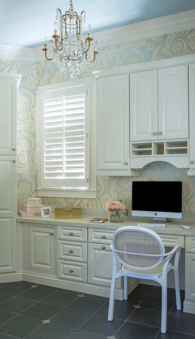 Home office with blue ceiling. Benjamin Moore HC 146 Wedgewood Gray. Blue Ceiling paint color is Benjamin Moore HC 146 Wedgewood Gray. #BenjaminMooreHC146WedgewoodGray #BenjaminMoore #HC146 #WedgewoodGray Home Bunch Beautiful Homes of Instagram bluegraygal