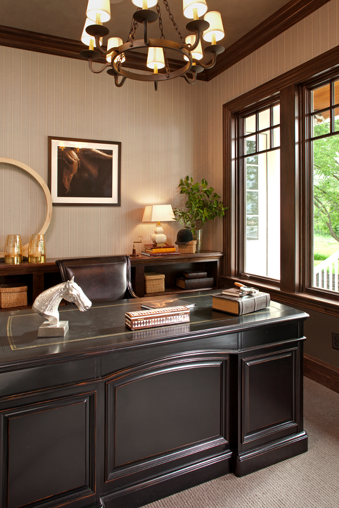 This is a home office that will never look outdated. I love this equestrian look. #Homeoffice #equestrian Vivid Interior Design. Hendel Homes